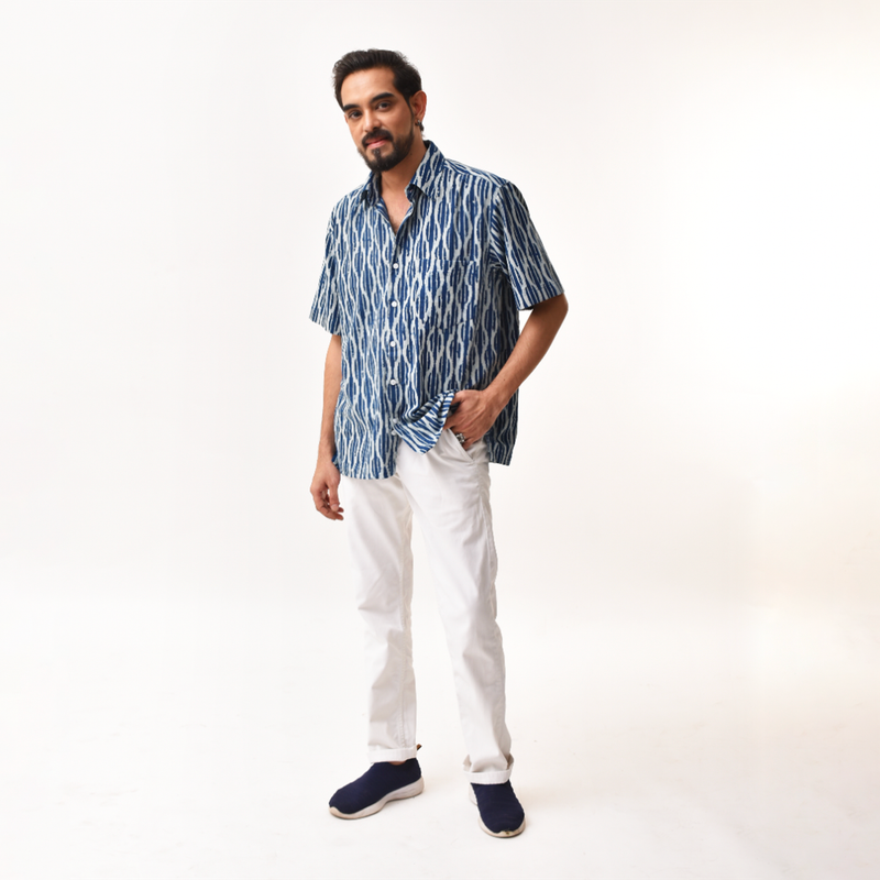 Cotton Printed Indigo Shirt for Men | Dabu Print | Half Sleeves