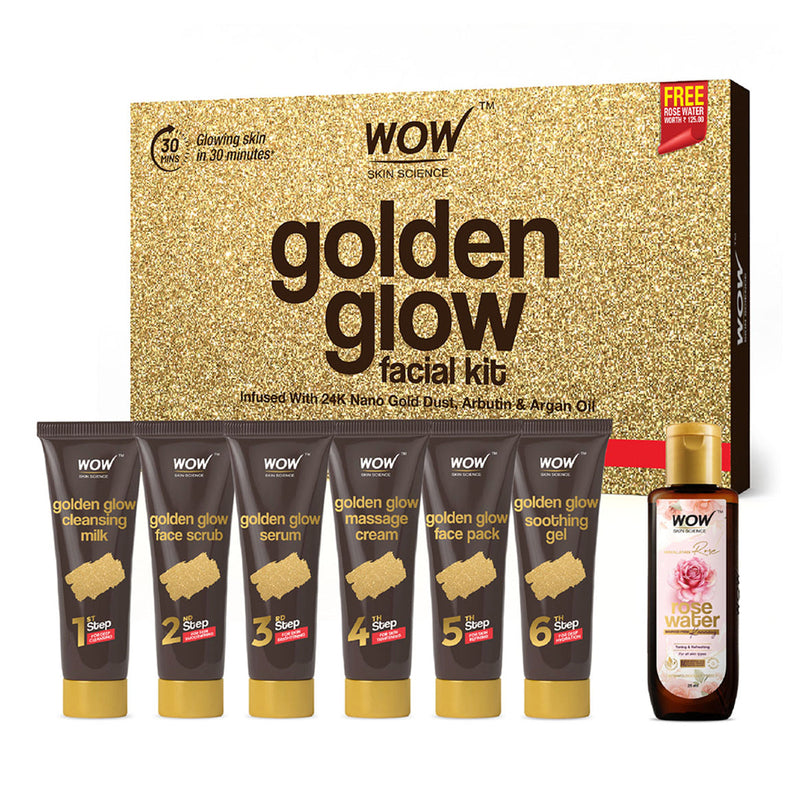 WOW Gold Facial Kit | Glowing Skin | Brightens Dull Skin | Tightens & Refines Skin | Set of 6