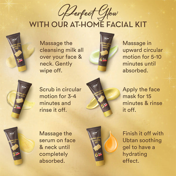 WOW Gold Facial Kit | Glowing Skin | Brightens Dull Skin | Tightens & Refines Skin | Set of 6
