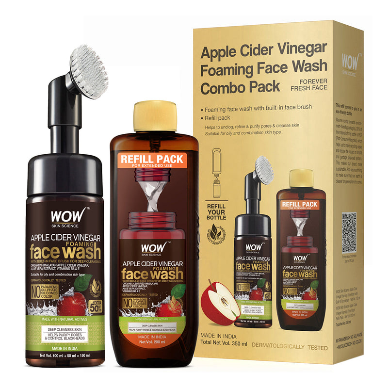 WOW Foaming Face Wash Combo Pack | Apple Cider Vinegar | With Built-In Brush & Refill Pack | 350 ml