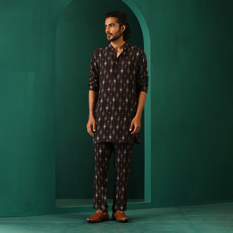 Muslin Silk Ikat Kurta Set for Men | Printed | Black