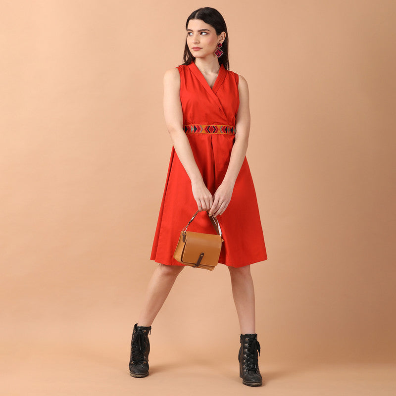 Cotton A-Line Dress for Women | Knee-Length | Orange