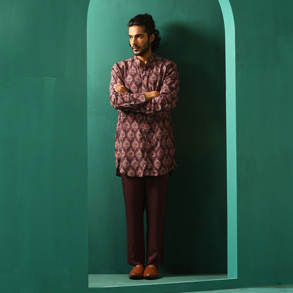 Muslin Silk Printed Kurta Set for Men | Deep Purple