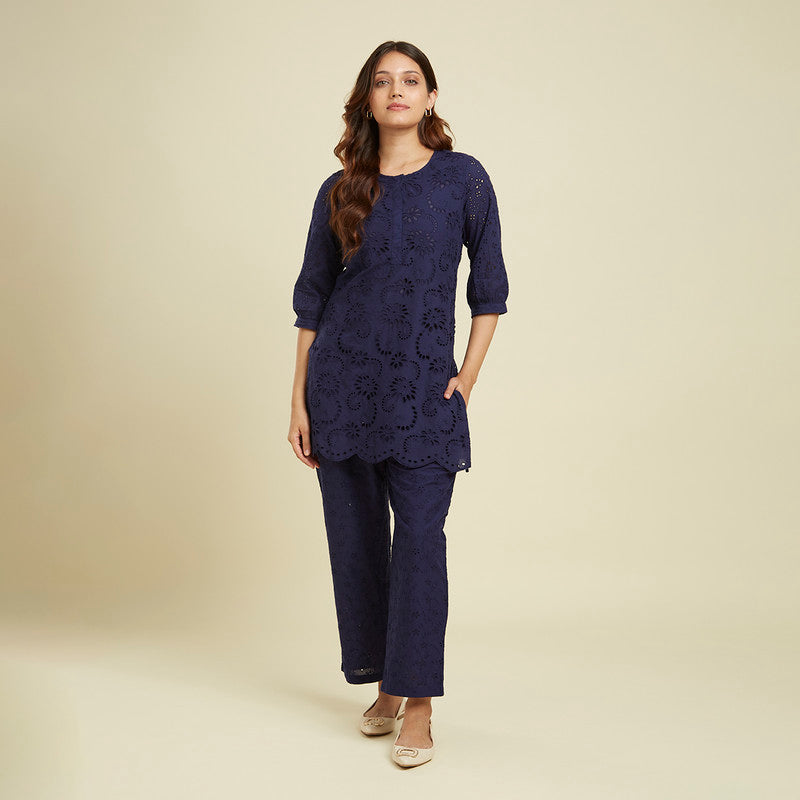 Cotton Co-ord Set for Women | Cutwork | Blue