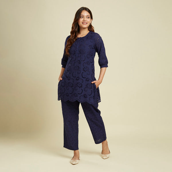 Cotton Co-ord Set for Women | Cutwork | Blue