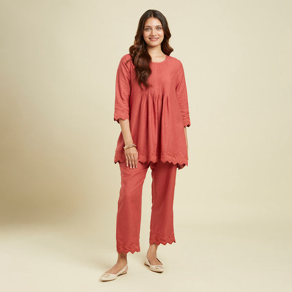 Linen Co Ord Set for Women | Terracotta Orange | Hand Scalloped