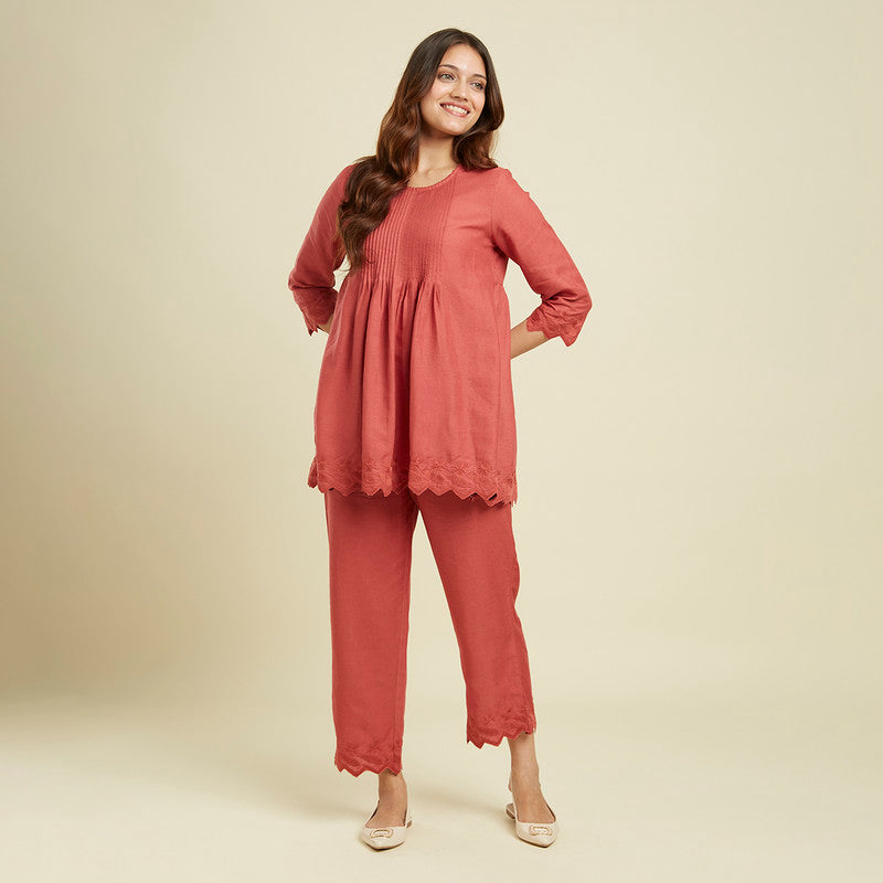 Linen Co Ord Set for Women | Terracotta Orange | Hand Scalloped