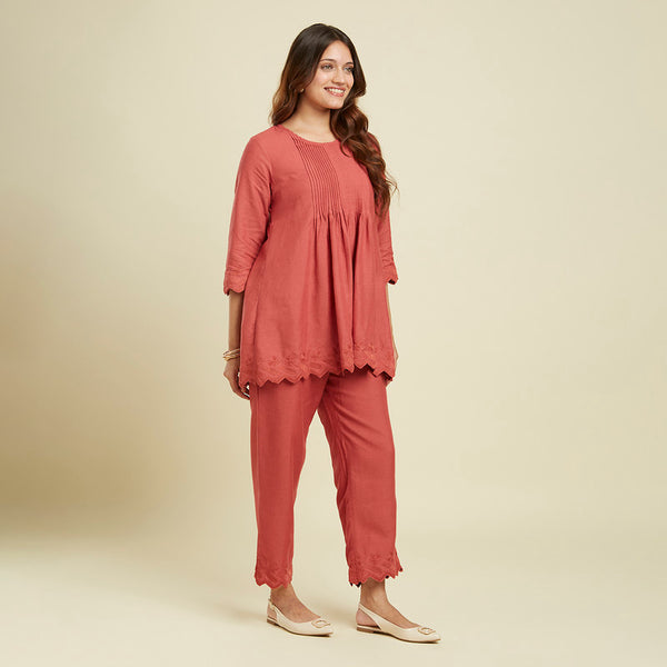 Linen Co Ord Set for Women | Terracotta Orange | Hand Scalloped