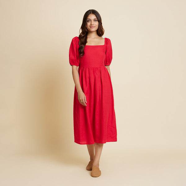 Linen Dress for Women | Calf Length | Red