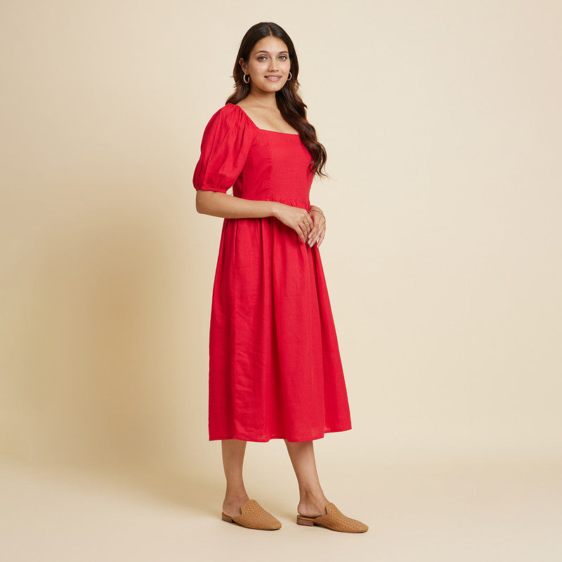 Linen Dress for Women | Calf Length | Red