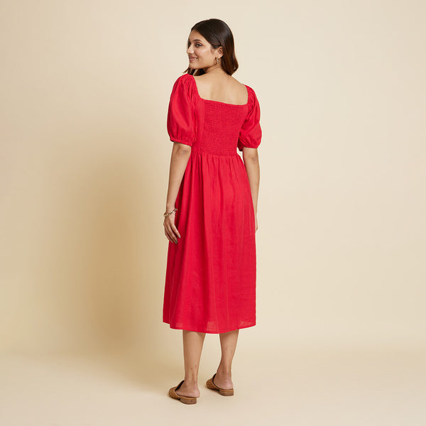 Linen Dress for Women | Calf Length | Red