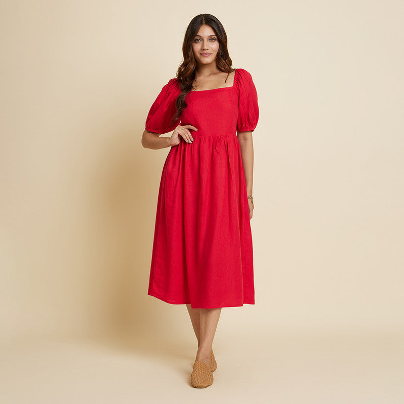 Linen Dress for Women | Calf Length | Red