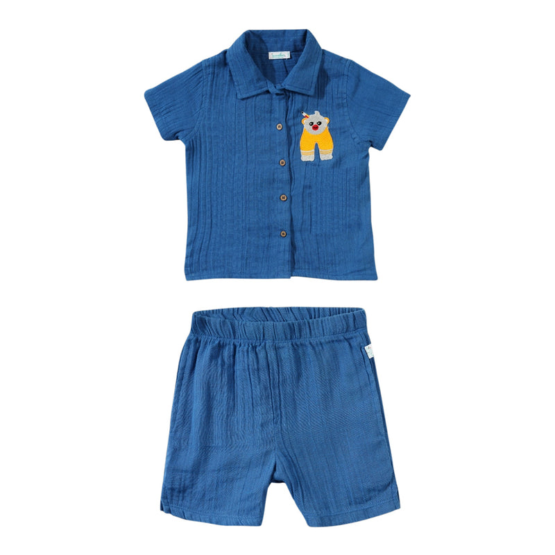 Cotton Shirt and Pants Set for Kids | Crinkle Texture | Greek Blue