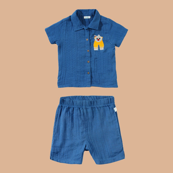 Cotton Shirt and Pants Set for Kids | Crinkle Texture | Greek Blue