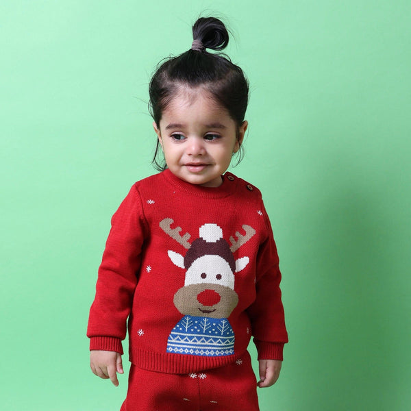 Clothing Set For Babies & Kids | Ecological Cotton | Reindeer Design | Cherry Red