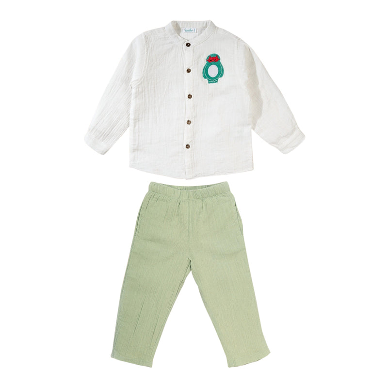 Cotton Shirt and Pants for Kids | Crinkle Texture | White & Basil Green
