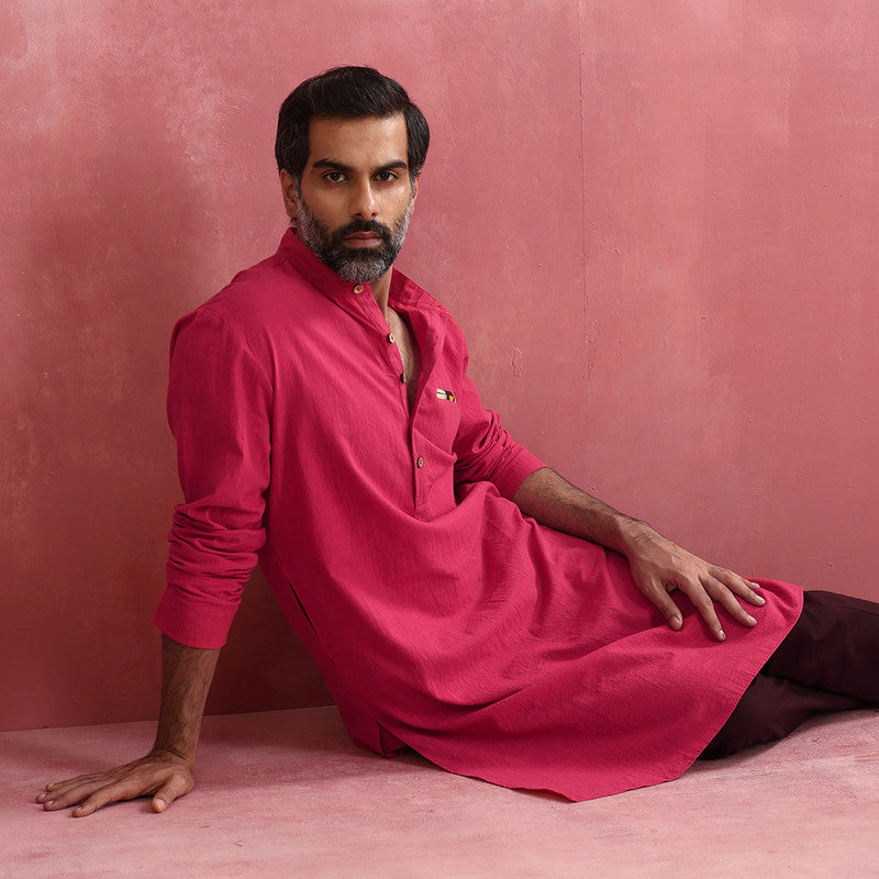 Cotton Pink Kurta for Men | Mandarin Collar