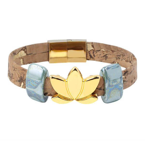 Upcycled Cork Bracelet for Women | Lotus Flower | Beige & Gold