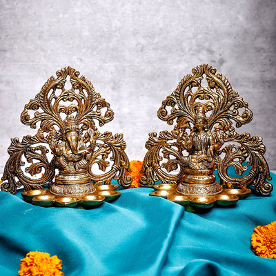 Brass Ganesh & Lakshmi Diya | Gold | 16 cm