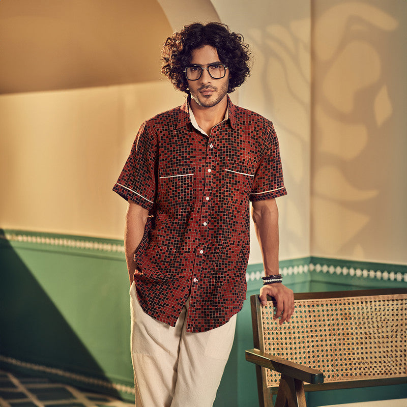 Organic Kala Cotton Shirt for Men | Burnt Red | Half Sleeves