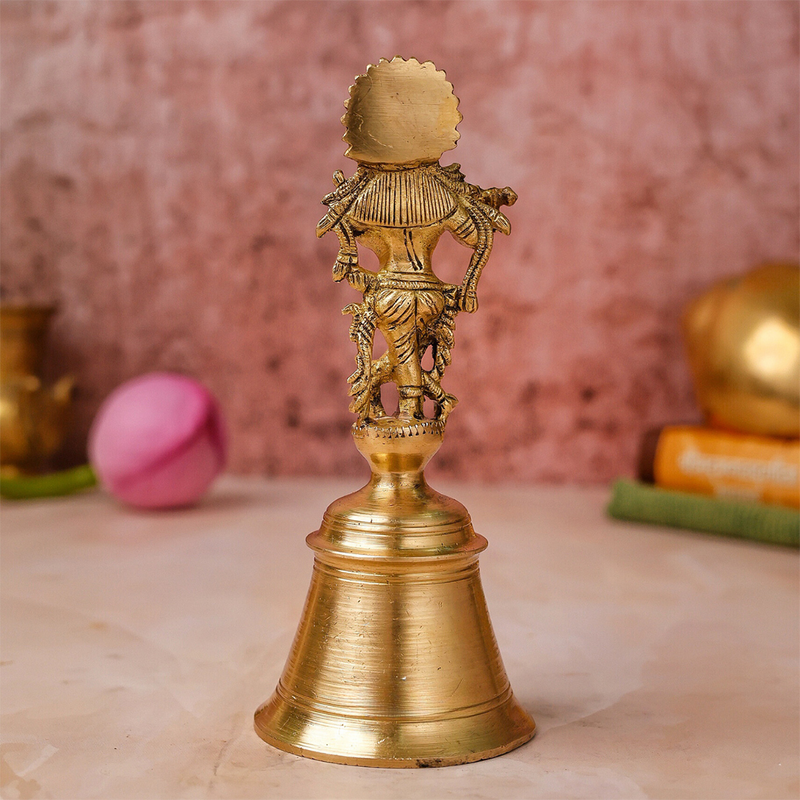 Brass Pooja Bell | Lord Krishna Design | Gold | 17 cm