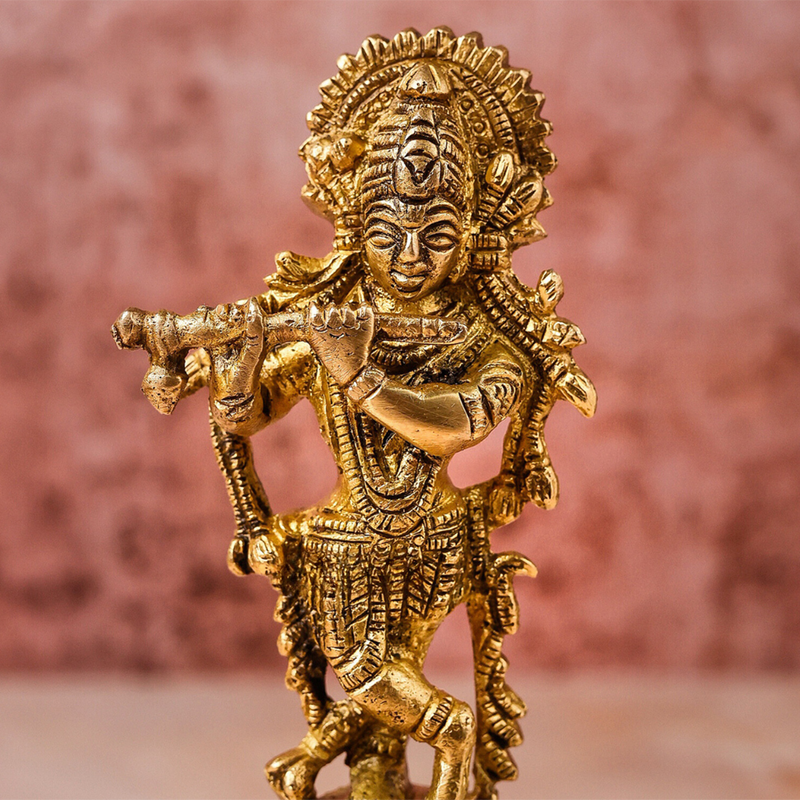 Brass Pooja Bell | Lord Krishna Design | Gold | 17 cm