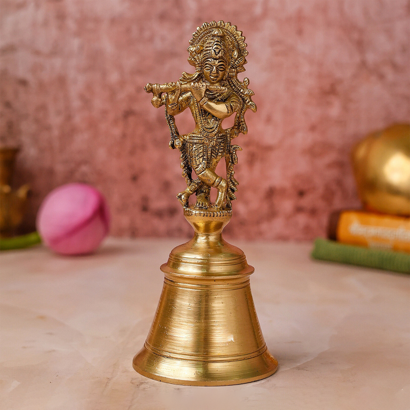 Brass Pooja Bell | Lord Krishna Design | Gold | 17 cm