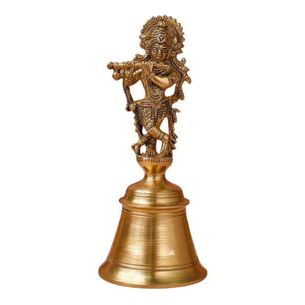 Brass Pooja Bell | Lord Krishna Design | Gold | 17 cm