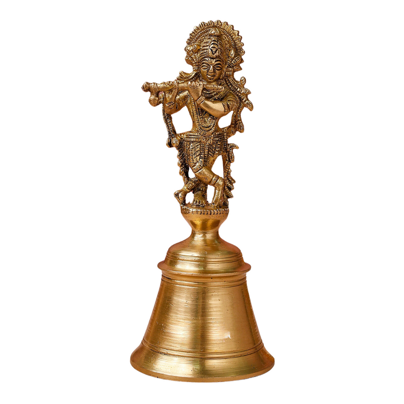 Brass Pooja Bell | Lord Krishna Design | Gold | 17 cm