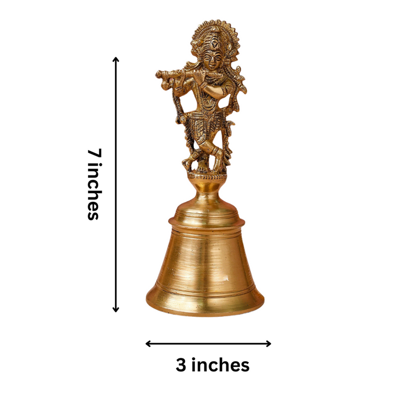 Brass Pooja Bell | Lord Krishna Design | Gold | 17 cm