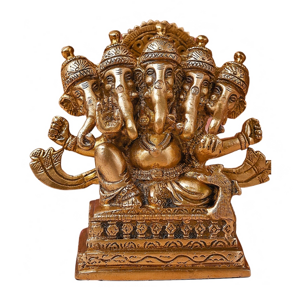 Brass Ganesh Idol | Panch Mukhi Design | 12 cm