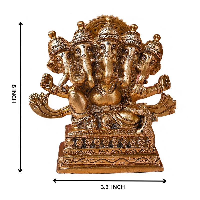 Brass Ganesh Idol | Panch Mukhi Design | 12 cm