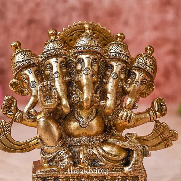 Brass Ganesh Idol | Panch Mukhi Design | 12 cm