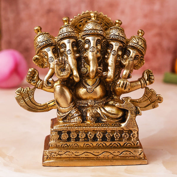 Brass Ganesh Idol | Panch Mukhi Design | 12 cm