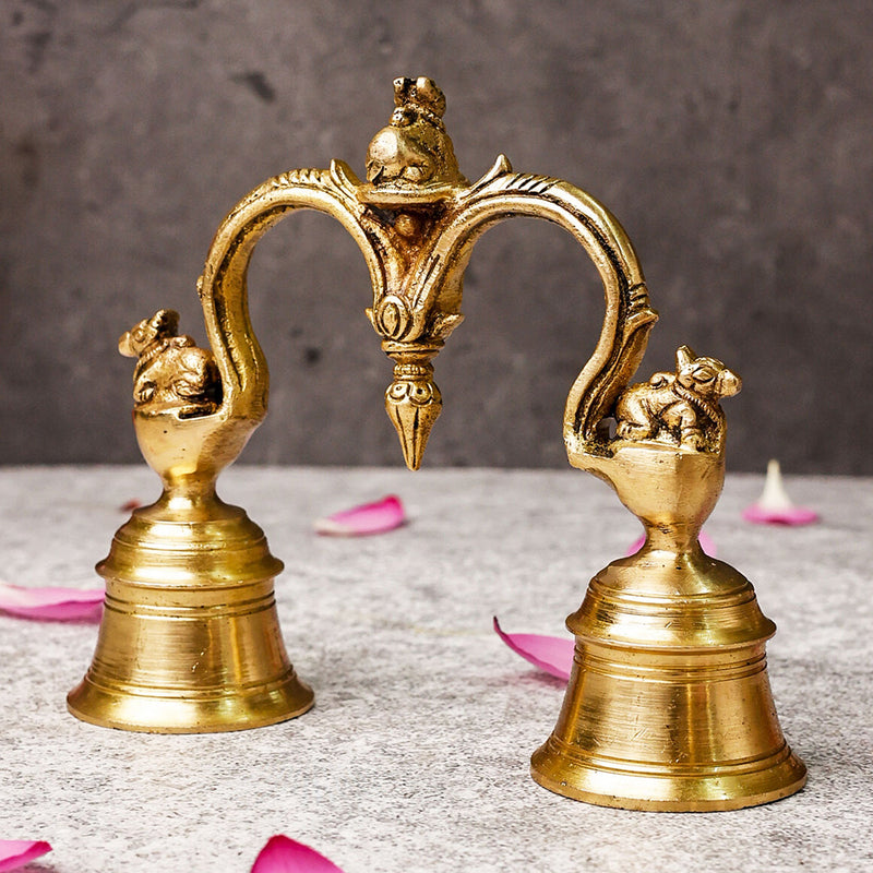 Brass Pooja Bell | Lord Nandi Cow Design | Gold | 12.7 cm