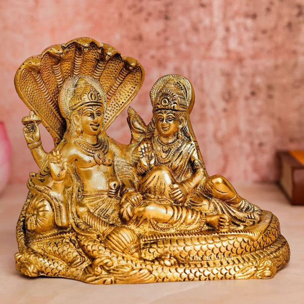 Brass Shri Vishnu Ji & Laxmi Ji Murti | Sitting On Sheshnaag Idol | Gold