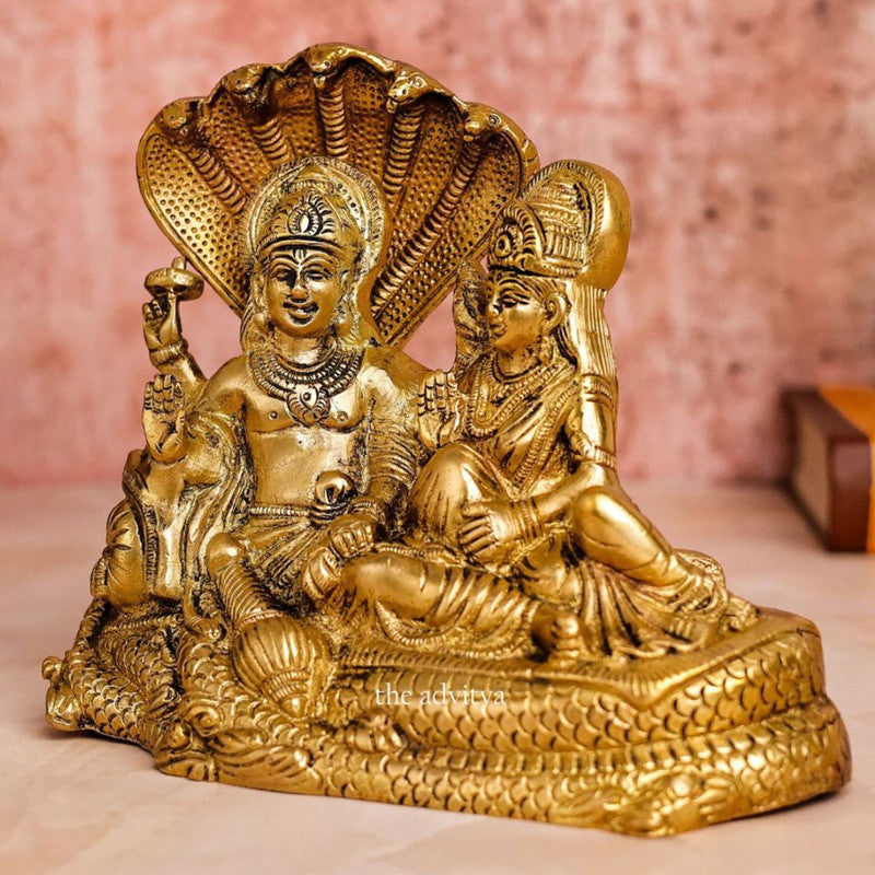 Brass Shri Vishnu Ji & Laxmi Ji Murti | Sitting On Sheshnaag Idol | Gold