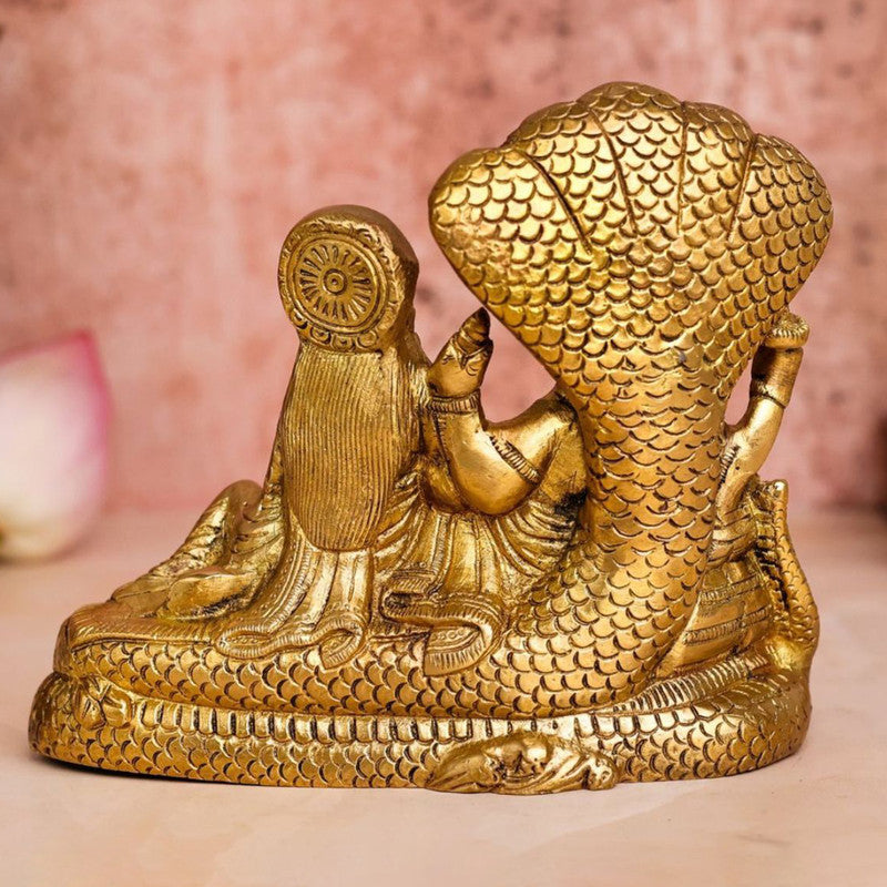 Brass Shri Vishnu Ji & Laxmi Ji Murti | Sitting On Sheshnaag Idol | Gold