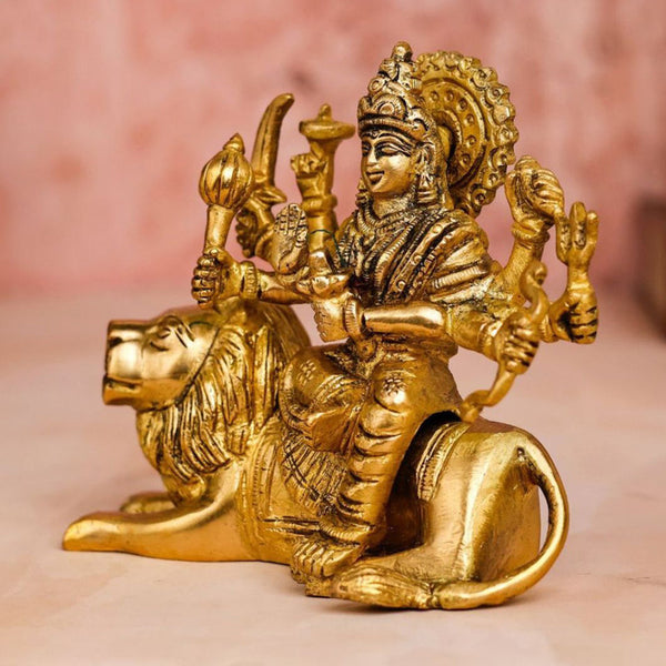 Brass Durga Sitting on Seated Lion Idol | Gold