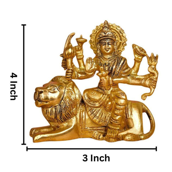 Brass Durga Sitting on Seated Lion Idol | Gold