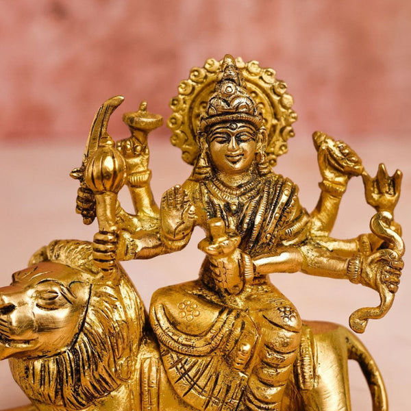 Brass Durga Sitting on Seated Lion Idol | Gold