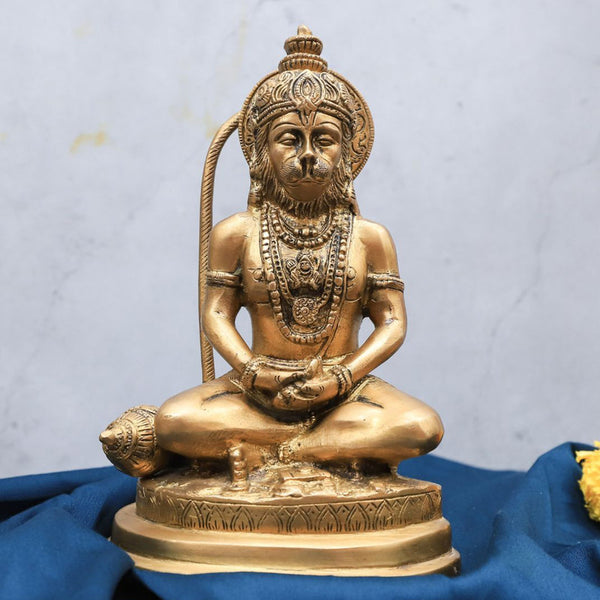 Brass Hanuman Statue | In Meditating Mudra | Gold