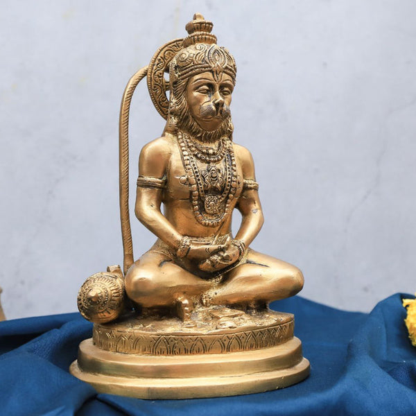 Brass Hanuman Statue | In Meditating Mudra | Gold