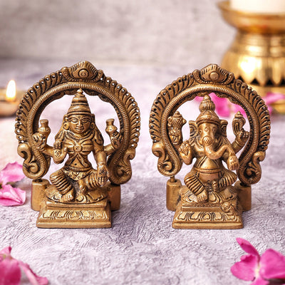 Brass Ganesh And Lakshmi Idols | Detachable Ring | Gold | 8.6 cm