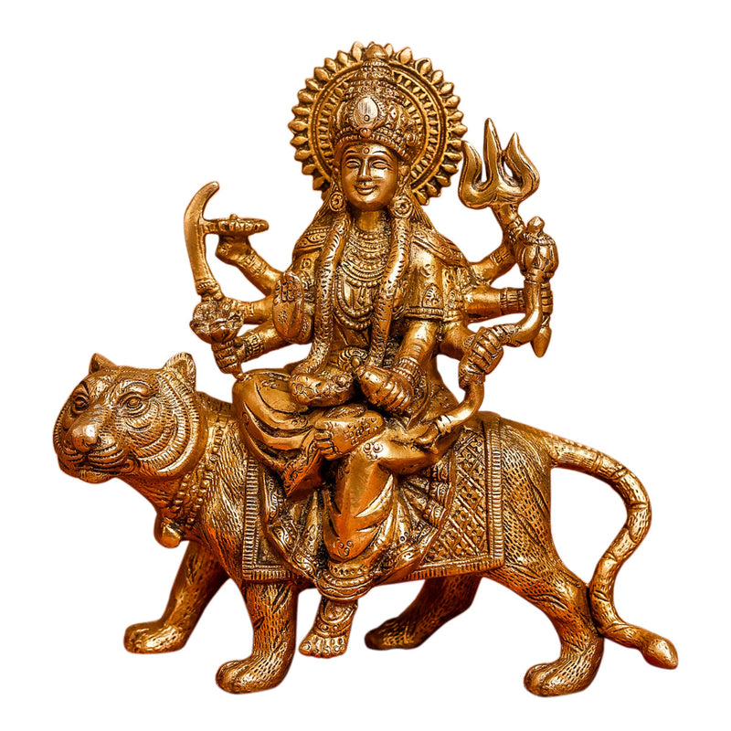 Brass Durga Idol | Sitting On Lion | Gold | 22 cm