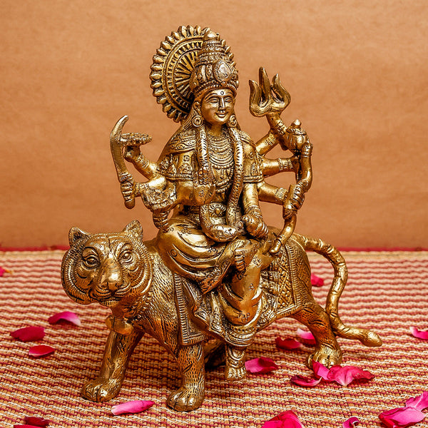 Brass Durga Idol | Sitting On Lion | Gold | 22 cm