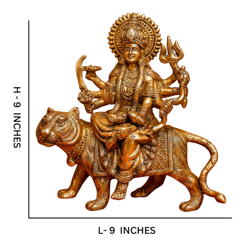 Brass Durga Idol | Sitting On Lion | Gold | 22 cm