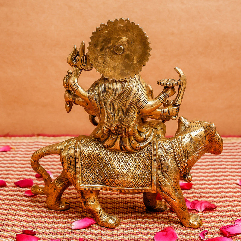 Brass Durga Idol | Sitting On Lion | Gold | 22 cm