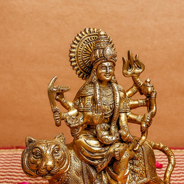 Brass Durga Idol | Sitting On Lion | Gold | 22 cm