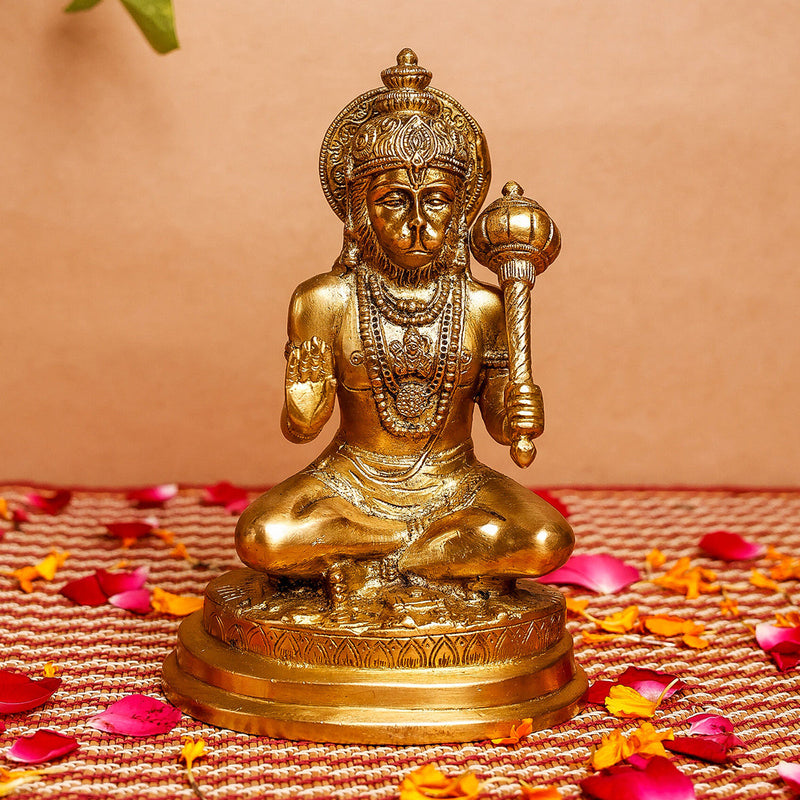 Brass Hanuman Murti Idol | Sitting Statue With Gada | Gold | 14 cm